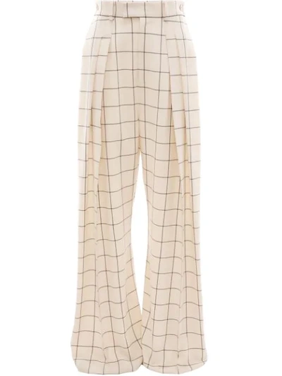 Jw Anderson Pleated Checked Crepe De Chine Wide-leg Pants In Neutrals