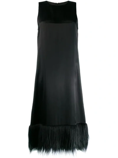 Mm6 Maison Margiela Faux Fur-trimmed Satin Midi Dress In Black