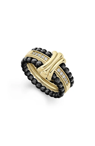 Lagos Color Switch 18k Gold And Diamond Fluted Center Ceramic Ring Set In Gold/ Black