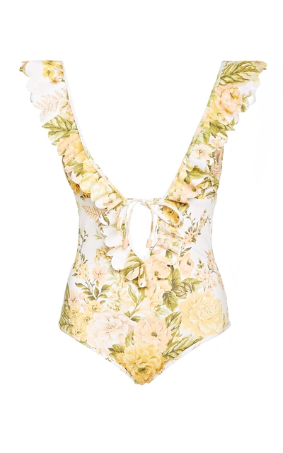 Zimmermann Amelie Frill 1p Beachwear In White Synthetic Fibers In Ivory Garden Floral