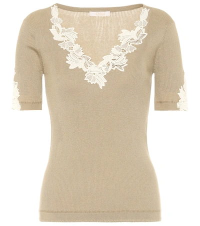 Chloé Guipure Lace-trimmed Ribbed Cotton-jersey Sweater In Taupe