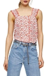 Topshop Cami Top With Button Front In Ditsy Floral Print-white In Ivory/ Red