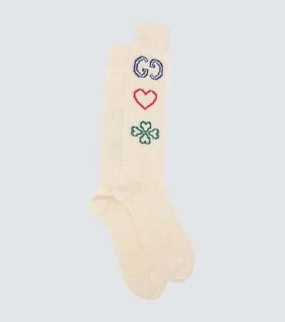 Gucci Gg Cotton Embroidered Socks In Neutrals