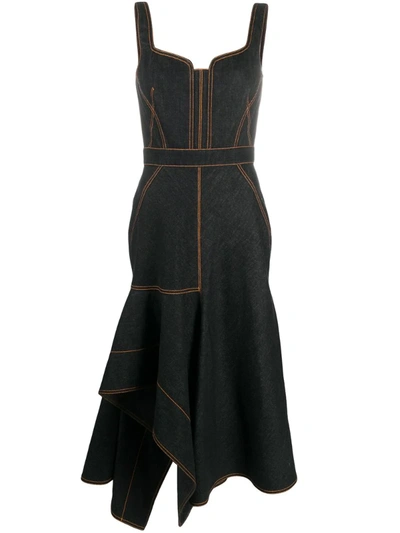 Alexander Mcqueen Contrast-stitch Asymmetric Denim Dress In Black