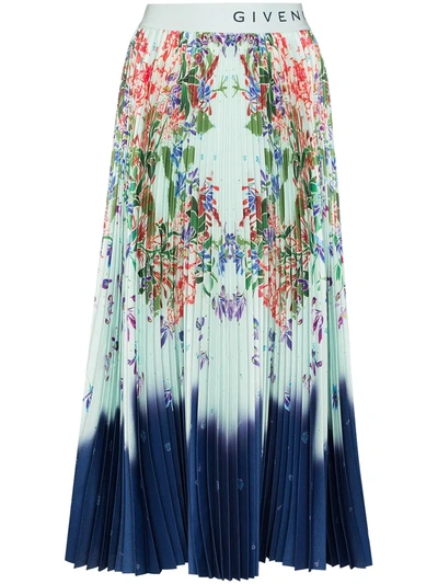 Givenchy Floral-print Pleated Satin Midi Skirt In Blue