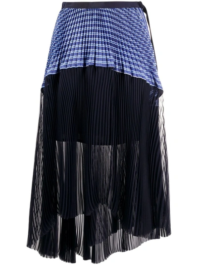 Sacai Asymmetric Pleated Striped Cotton And Chiffon Wrap Skirt In Blue