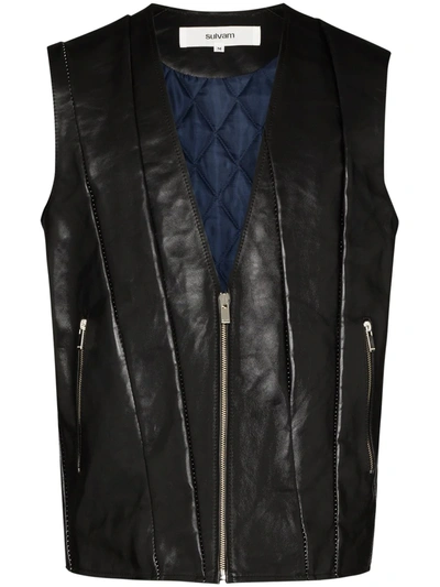 Sulvam Grafting Leather Waistcoat In Black