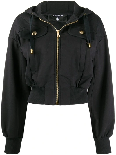 Balmain Quilted-detail Zip-up Hoodie In Black