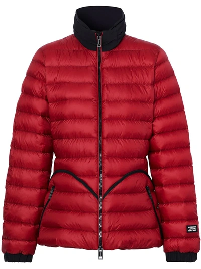 Burberry Packaway Hood Peplum Puffer Jacket In Red