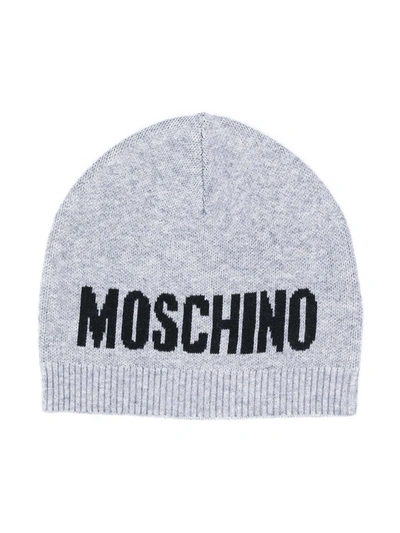 Moschino Kids' Intarsia Logo Knit Beanie In Grey