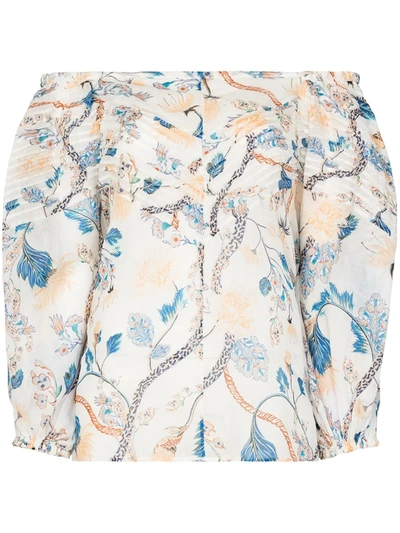 Chloé Pintucked Floral Print Off The Shoulder Blouse In White
