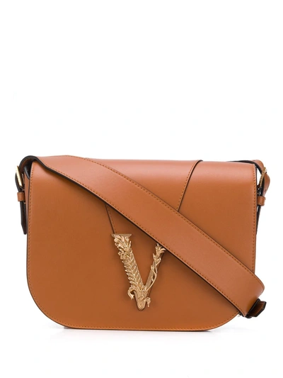 Versace Foldover Saddle Bag In Brown