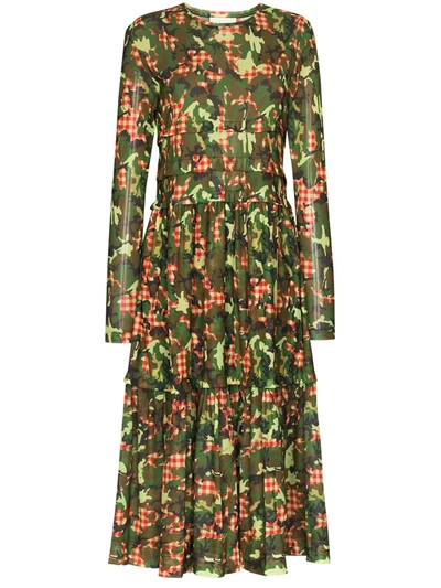 Molly Goddard Rhian Camo Gingham Pintuck Mesh Dress In Green | ModeSens