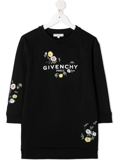 Givenchy Kids' Little Girl's & Girl's Floral Embroidered Logo Sweatshirt Dress In Nero