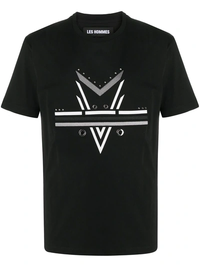 Les Hommes Graphic Print And Studs Cotton T-shirt In Black