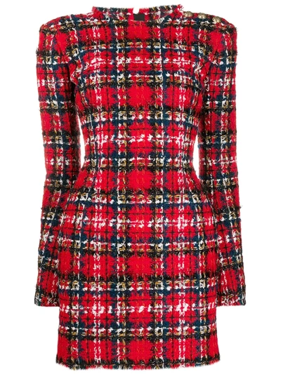 Balmain Short Ls 3 Btn Tartan Tweed Dress In Red