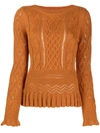 See By Chloé Ruffled Pointelle And Cable-knit Sweater In Brown