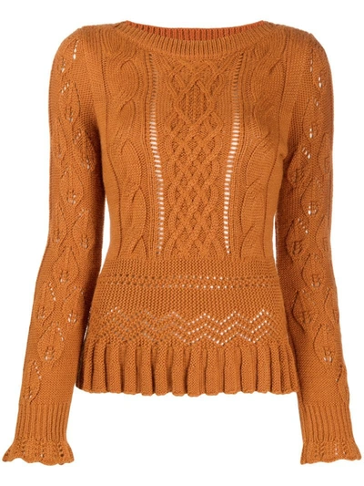 See By Chloé Ruffled Pointelle And Cable-knit Sweater In Brown