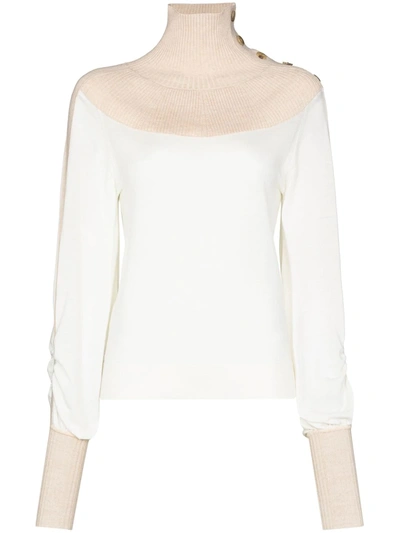 Chloé Neutrals Button Detail Turtleneck Wool Sweater In White