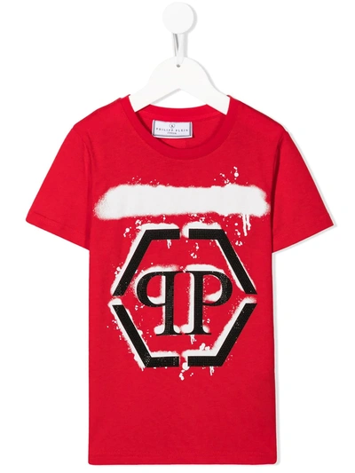 Philipp Plein Junior Kids' Rhinestone Monogram T-shirt In Red