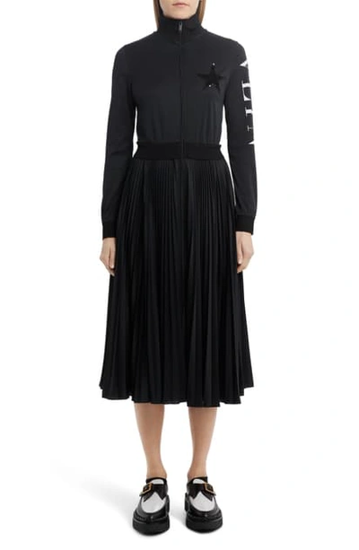 Valentino Sequin Star Logo Long Sleeve Track Dress In Nero/ Bianco