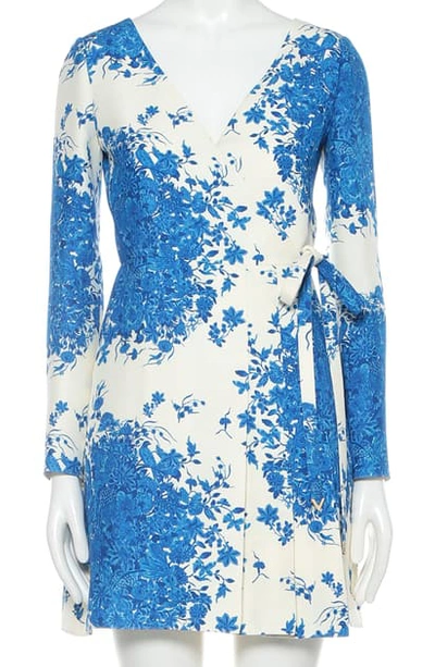 Valentino Delft Print Long Sleeve Wrap Dress In Avorio/ Blue