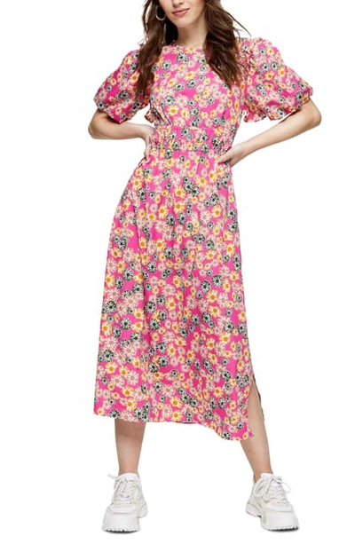 Topshop Floral Print Bubble Sleeve Minidress In Pink