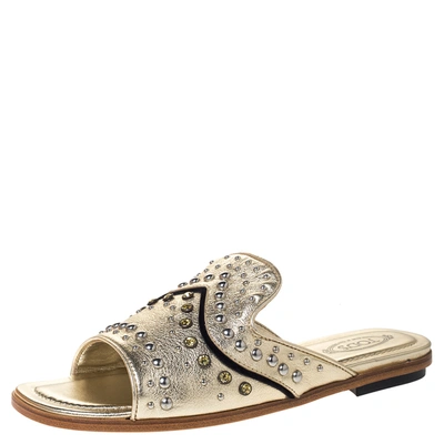 Pre-owned Tod's Metallic Gold Leather Studded Flat Slides Size 37