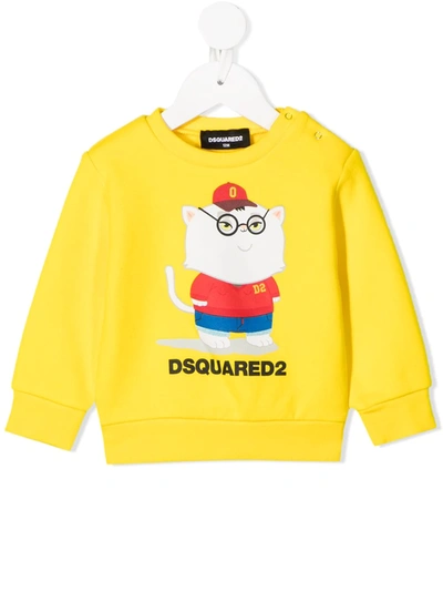 Dsquared2 Babies' Cat Printed Cotton Sweatshirt In Yellow
