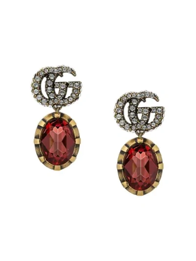 Gucci Gg Gold-tone Crystal-embellished Drop Earrings In Red