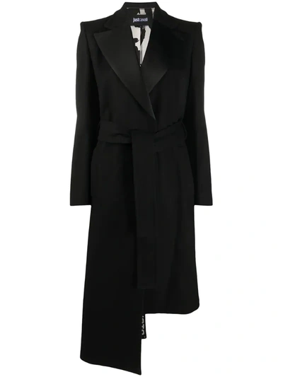 Just Cavalli Asymmetric Satin-trimmed Wool-blend Felt Coat In Black
