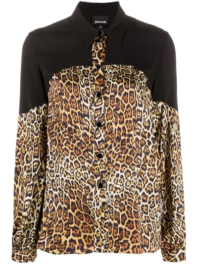 Just Cavalli Leopard-print Contrast Shirt In Brown