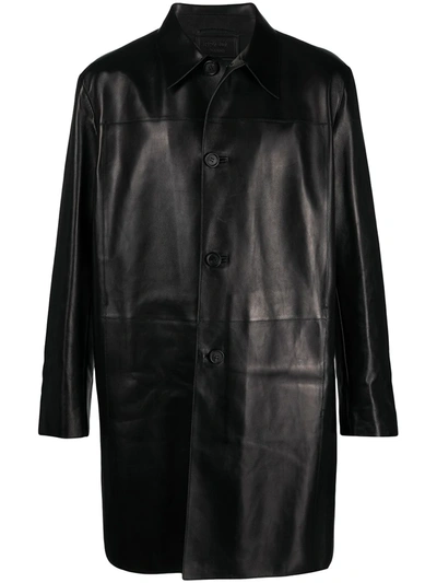 Prada Single-breasted Leather Coat In Nero