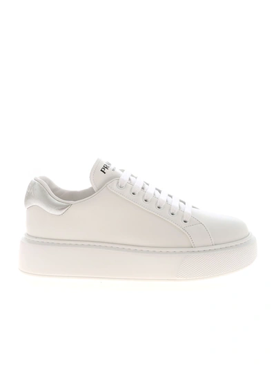 Prada Sneakers In White Featuring Silver Heel Tab