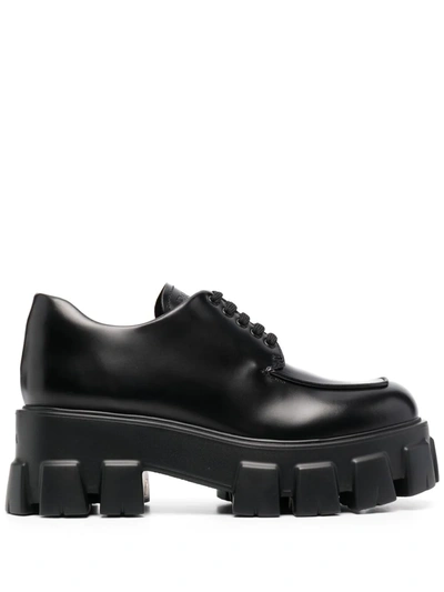 Prada Monolith Sharp Leather Lug-sole Lace-up Shoes In Black | ModeSens