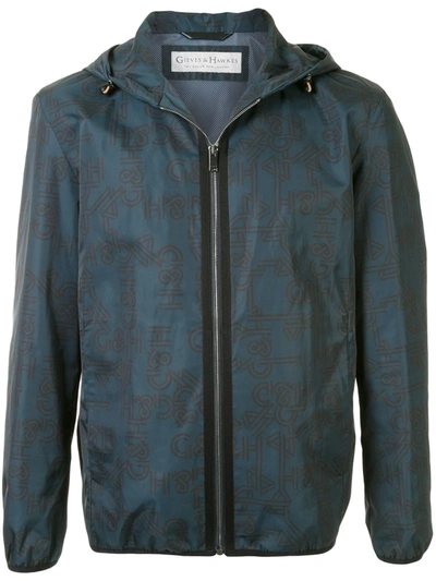 Gieves & Hawkes Monogram Hooded Windbreaker In Blue