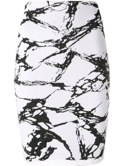 Balmain High Waist Marble Intarsia Skirt In White