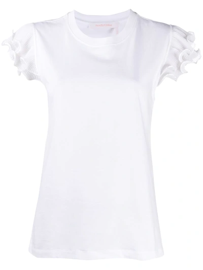 See By Chloé Pleated-ruffle Sleeve T-shirt In White