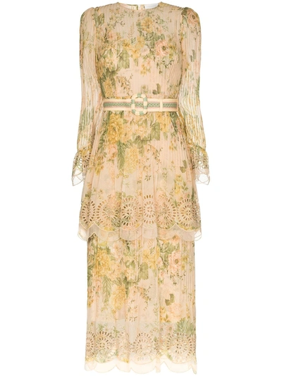 Zimmermann Amelie Floral Pintuck Long Sleeve Cotton & Silk Midi Dress In Neutrals