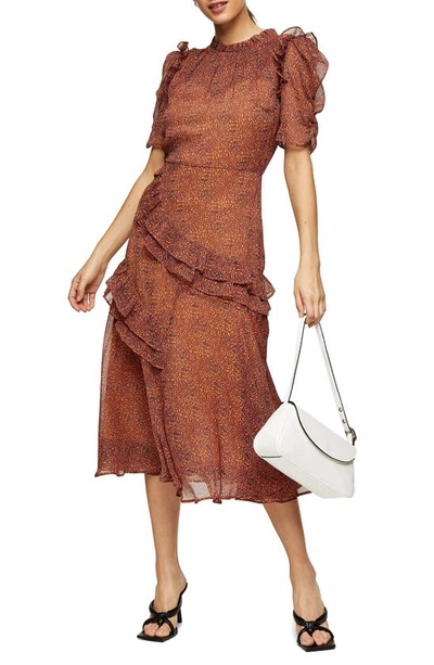 topshop floral ruffle midi dress Topshop flutter sleeve ruffle occasion midi dress in black base floral
