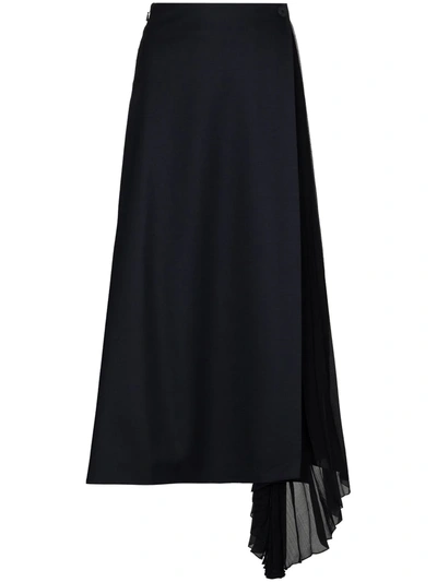Chloé Pleated Sheer Insert Wool Blend Midi Skirt In Blue