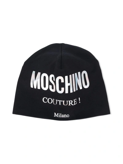 Moschino Kids' Logo Print Beanie In Black