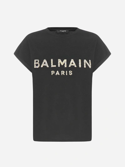 Balmain Logo Cotton T-shirt In Noir Or