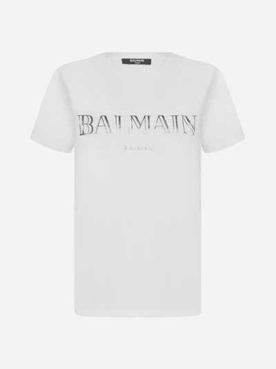 Balmain T-shirt In Cotone Con Logo In Blanc Noir