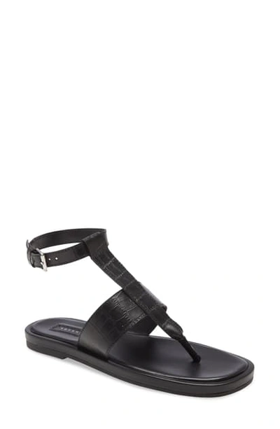 Topshop Peachy Croc Embossed Ankle Strap Sandal In Black Leather