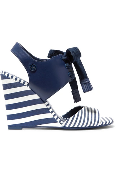 Tory Burch Maritime Lace-up Striped Leather Wedge Sandals In Blue/white |  ModeSens