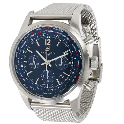 Pre-owned Breitling Blue Stainless Steel Transocean Chronograph Unitime Ab0510u9/c879 Men's Wristwatch 46 Mm