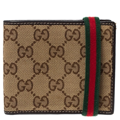 Pre-owned Gucci Beige/brown Gg Canvas And Leather Web Bifold Wallet