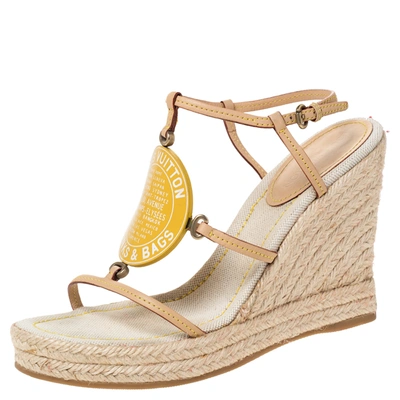 Pre-owned Louis Vuitton Beige Vachetta Leather Divine Trunks And Bags Espadrille Wedge Sandals Size 38