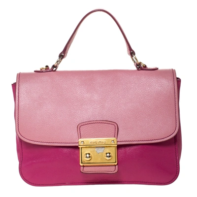 Pre-owned Miu Miu Bicolor Madras Leather Push Lock Flap Top Handle Bag In Pink